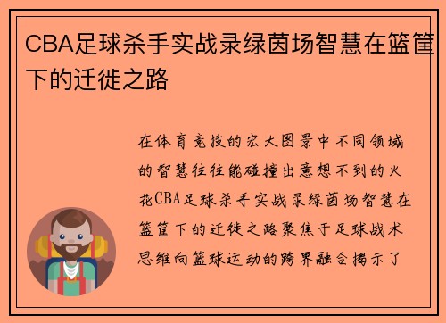CBA足球杀手实战录绿茵场智慧在篮筐下的迁徙之路