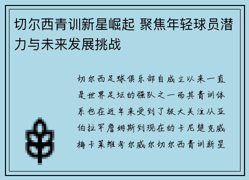 切尔西青训新星崛起 聚焦年轻球员潜力与未来发展挑战