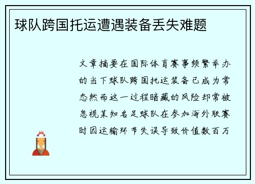 球队跨国托运遭遇装备丢失难题
