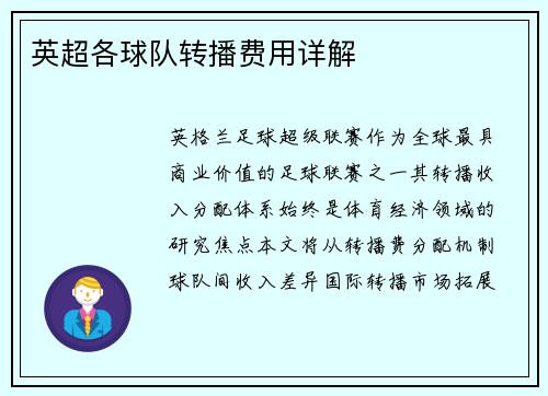 英超各球队转播费用详解